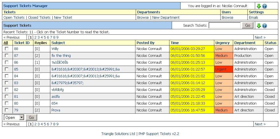 PHP Support Tickets queue showing open tickets by department and status