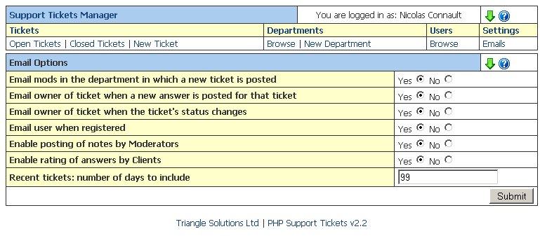 Application options screen